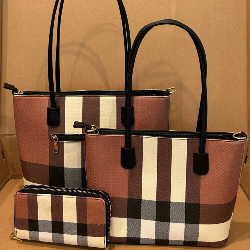 3-Piece Checker Plaid Vegan Leather Handbag Set – Beige/Tan/Black/White